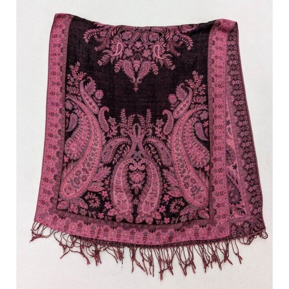 Women's Scarf Wrap Pink Paisley Woven Fringe Rectangle - Picture 5 of 9